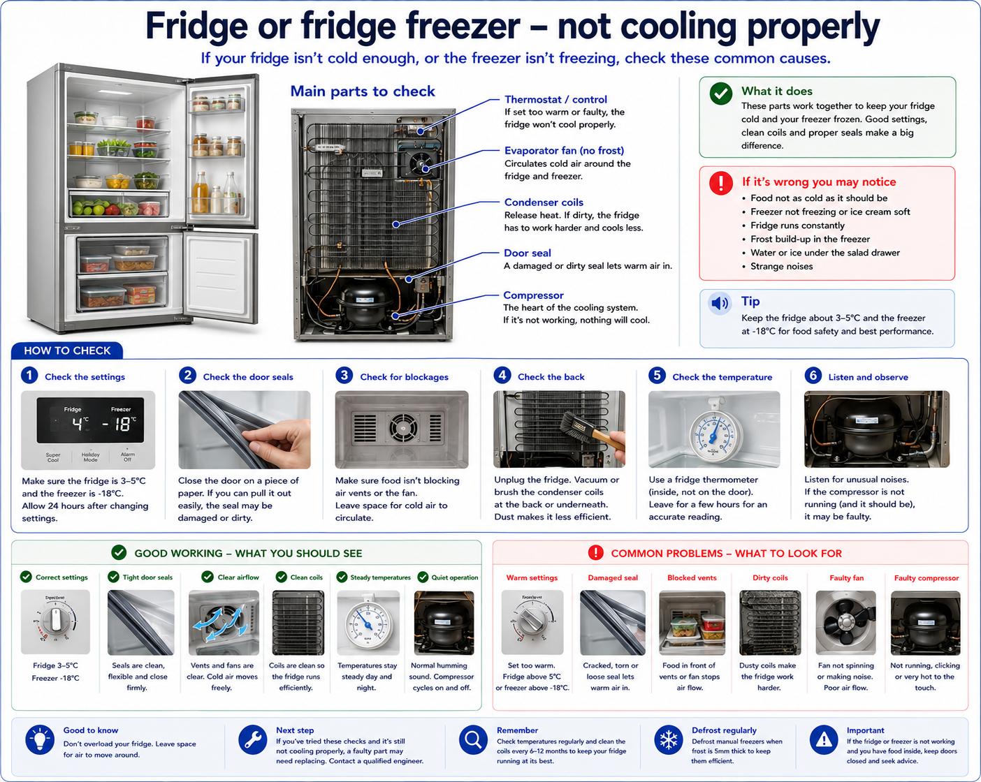 Infographic showing fridge temperature setting, door seal, rear coils and ventilation gap