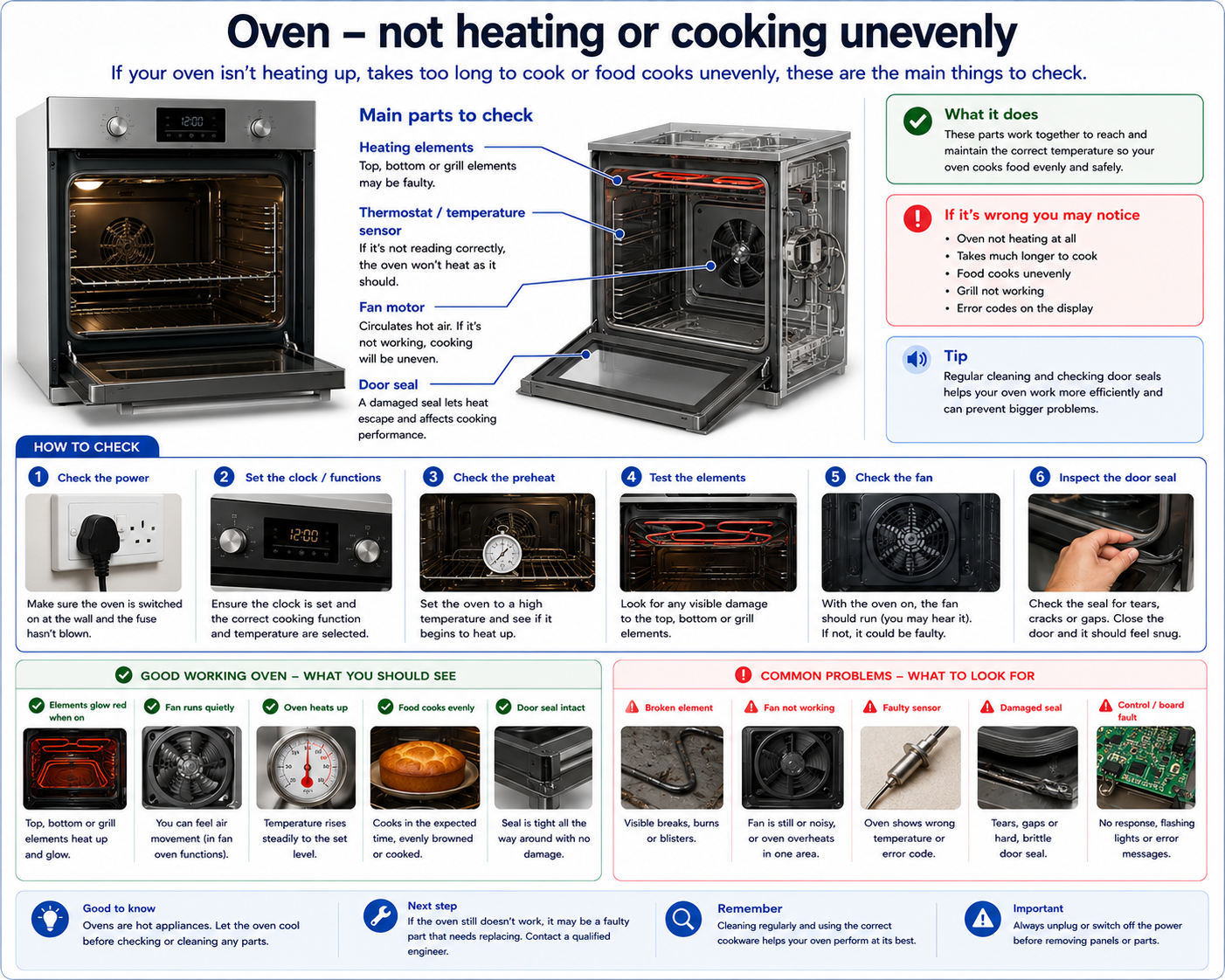 Reference diagram of oven fan, element, sensor and door seal